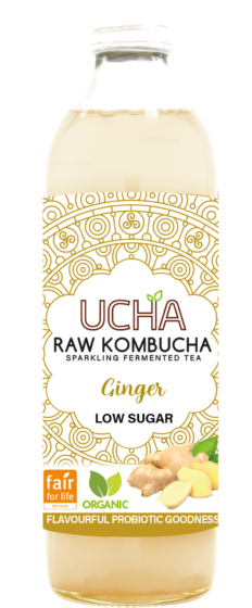 KOMBUCHA Z IMBIREM NISKA ZAWARTOŚĆ CUKRÓW FAIR FOR LIFE BIO 350 ml - UCHA
